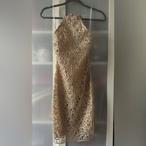 B Darlin Gold Lace Halter Cocktail Dress